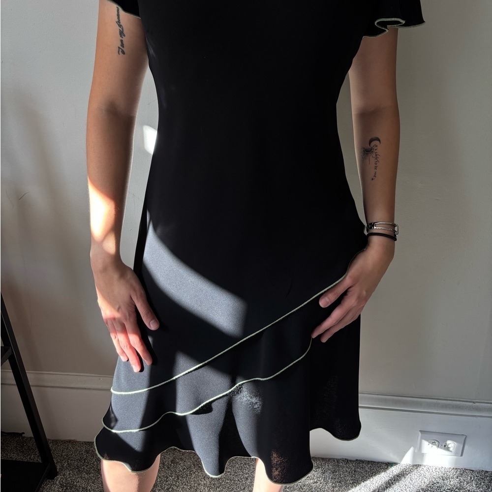 Deadstock Y2K Black Ruffle Formal Asymmetrical Midi Dress Flower Pin - Small Med - Picture 3 of 12